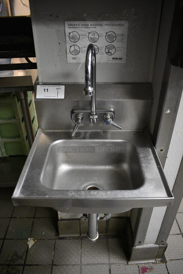 Stainless Steel Commercial Wall Mount Single Bay Sink w/ Faucet and Handles. BUYER MUST REMOVE. 17x16x20