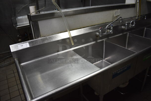 Stainless Steel Commercial 3 Bay Sink w/ Dual Drainboards, Faucets and Handles. BUYER MUST REMOVE. 108x26x41.5. Bays 20x20x12. Drainbaords 22x22x2 - Image 2 of 5