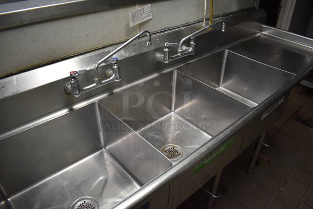 Stainless Steel Commercial 3 Bay Sink w/ Dual Drainboards, Faucets and Handles. BUYER MUST REMOVE. 108x26x41.5. Bays 20x20x12. Drainbaords 22x22x2 - Image 3 of 5