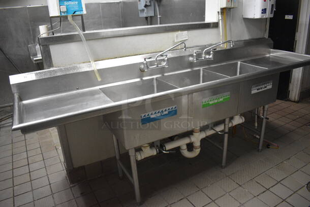 Stainless Steel Commercial 3 Bay Sink w/ Dual Drainboards, Faucets and Handles. BUYER MUST REMOVE. 108x26x41.5. Bays 20x20x12. Drainbaords 22x22x2 - Image 5 of 5