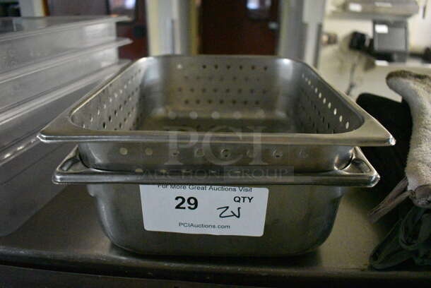 2 Stainless Steel 1/2 Size Drop In Bins; 1 Straining. 1/2x4. 2 Times Your Bid! - Image 1 of 3