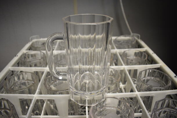 16 Clear Poly Tall Mugs w/ Handles in Dish Caddy. 4.5x3.5x6.5. 16 Times Your Bid!