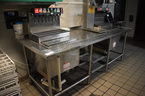 NICE! Stainless Steel Commercial Soda Station w/ 2 Drop In 8 Flavor Carbonated Beverage Machines and 2 Ice Bins. BUYER MUST REMOVE. Table: 96x36x39, Machine: 23.5x14x19