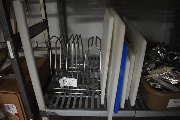 ALL ONE MONEY! Lot of 2 Chrome Finish Cutting Board Racks w/ 6 Various Cutting Boards! Rack: 11x9x10.5