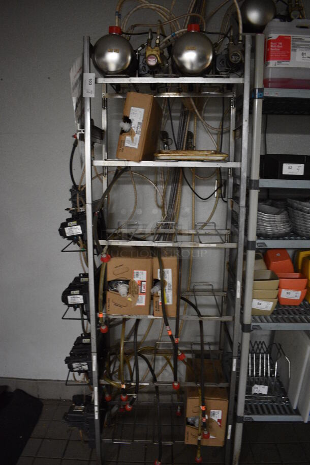 Chrome Finish Soda Rack w/ 11 Soda Pumps, 2 Carbonators and 4 Used BIB Bag In Boxes. BUYER MUST REMOVE. 28x16x86 - Image 1 of 4