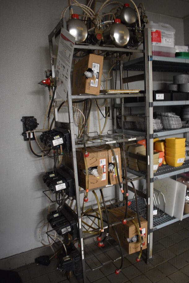 Chrome Finish Soda Rack w/ 11 Soda Pumps, 2 Carbonators and 4 Used BIB Bag In Boxes. BUYER MUST REMOVE. 28x16x86 - Image 2 of 4