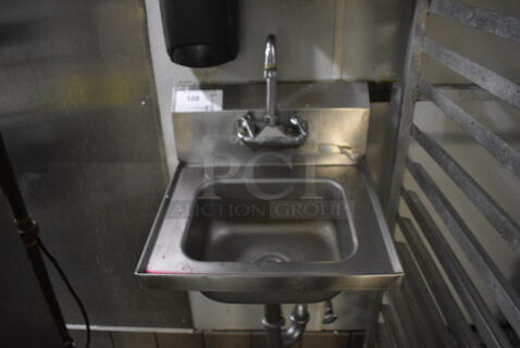 Stainless Steel Wall Mount Single Bay Sink w/ Faucet and Handles. BUYER MUST REMOVE. 17x16x20