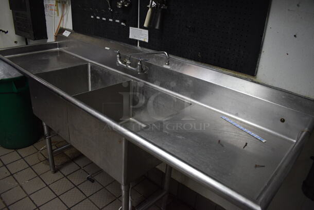 Stainless Steel Commercial 2 Bay Sink w/ Dual Drainboards, Faucet and Handles. BUYER MUST REMOVE. 88x26x41. Bays 20x20x12. Drainboards 22x22x2 - Image 2 of 3