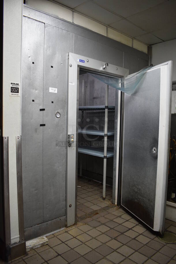 2 Frank Walk In Boxes That Make One Walk Through Combo Box w/ 2 Condensers and 2 Compressors (on the roof). Does NOT Include Shelving Units Shown In Picture. BUYER MUST REMOVE. Cooler: 7'x20'x8', Freezer: 7'x8'x8'. Total Size: 7'x28'x8' - Image 1 of 12