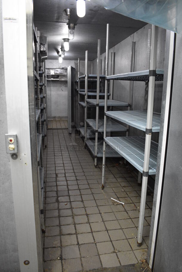 2 Frank Walk In Boxes That Make One Walk Through Combo Box w/ 2 Condensers and 2 Compressors (on the roof). Does NOT Include Shelving Units Shown In Picture. BUYER MUST REMOVE. Cooler: 7'x20'x8', Freezer: 7'x8'x8'. Total Size: 7'x28'x8' - Image 3 of 12
