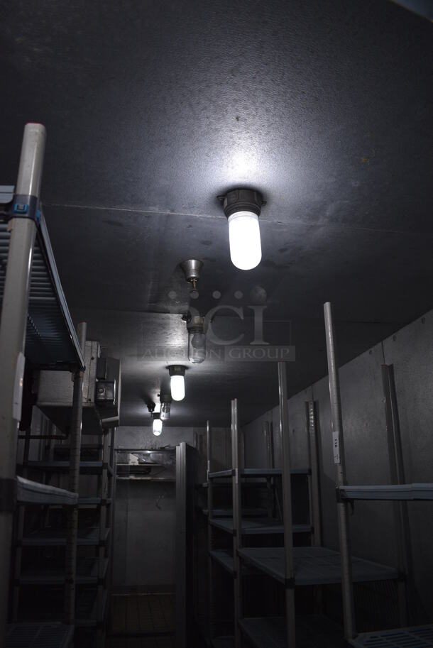 2 Frank Walk In Boxes That Make One Walk Through Combo Box w/ 2 Condensers and 2 Compressors (on the roof). Does NOT Include Shelving Units Shown In Picture. BUYER MUST REMOVE. Cooler: 7'x20'x8', Freezer: 7'x8'x8'. Total Size: 7'x28'x8' - Image 4 of 12