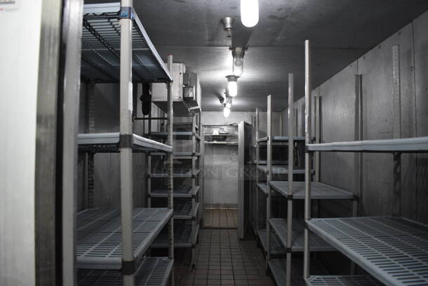 2 Frank Walk In Boxes That Make One Walk Through Combo Box w/ 2 Condensers and 2 Compressors (on the roof). Does NOT Include Shelving Units Shown In Picture. BUYER MUST REMOVE. Cooler: 7'x20'x8', Freezer: 7'x8'x8'. Total Size: 7'x28'x8' - Image 5 of 12