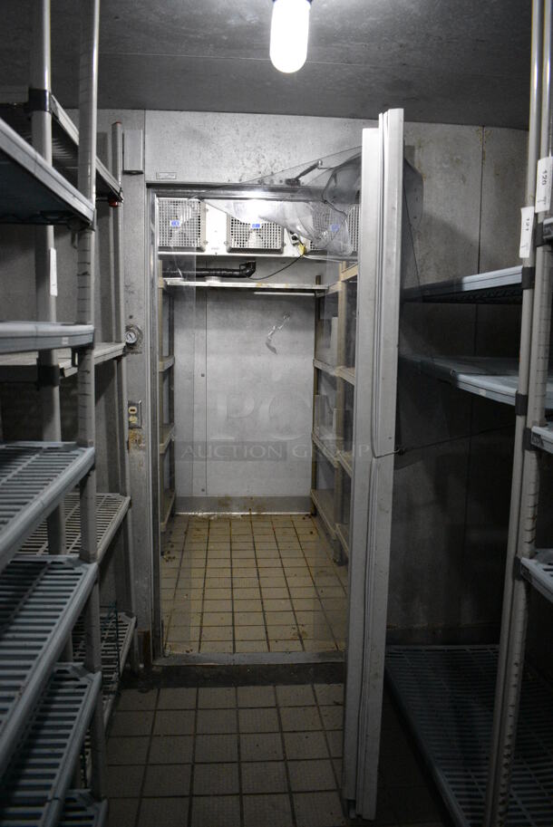 2 Frank Walk In Boxes That Make One Walk Through Combo Box w/ 2 Condensers and 2 Compressors (on the roof). Does NOT Include Shelving Units Shown In Picture. BUYER MUST REMOVE. Cooler: 7'x20'x8', Freezer: 7'x8'x8'. Total Size: 7'x28'x8' - Image 8 of 12