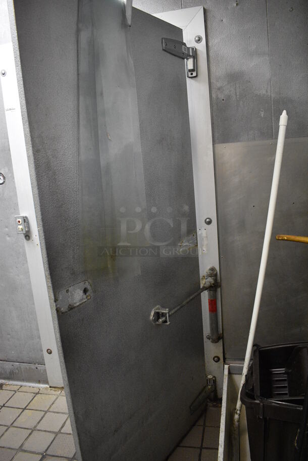 2 Frank Walk In Boxes That Make One Walk Through Combo Box w/ 2 Condensers and 2 Compressors (on the roof). Does NOT Include Shelving Units Shown In Picture. BUYER MUST REMOVE. Cooler: 7'x20'x8', Freezer: 7'x8'x8'. Total Size: 7'x28'x8' - Image 9 of 12