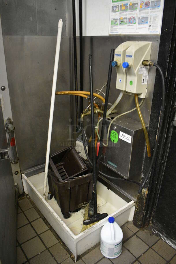 ALL ONE MONEY! Lot of Stainless Steel Control Box, Mop Sink and Mop Bucket! BUYER MUST REMOVE. Sink: 36x24x10 - Image 1 of 3