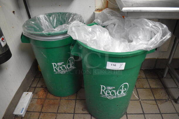 2 Green Trash Cans. 19x21x29. 2 Times Your Bid!