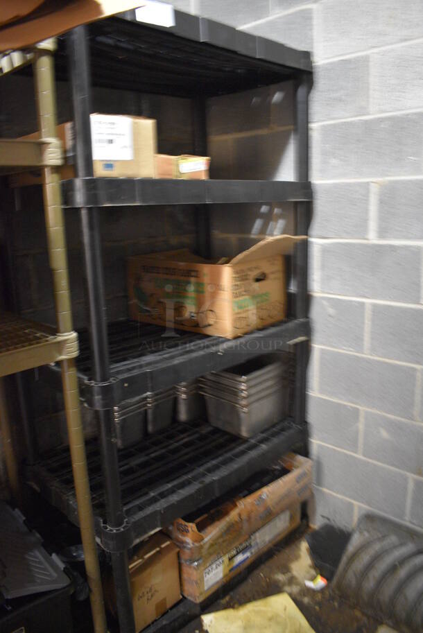 ALL ONE MONEY! Lot of 5 Tier Black Poly Metro Style Shelving Unit w/ Contents Including Drop In Bins. 38x24x73. BUYER MUST DISMANTLE. PCI CANNOT DISMANTLE FOR SHIPPING. PLEASE CONSIDER FREIGHT CHARGES.