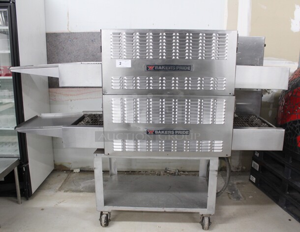 FANTASTIC! Bakers Pride Model AP018 Commercial Stainless Steel Electric Double Conveyor Pizza Oven On Equipment Stand With Commercial Casters. 79x30x59. 115/208V. 3 Phase. Working When Removed! 2X Your Bid! - Image 1 of 10
