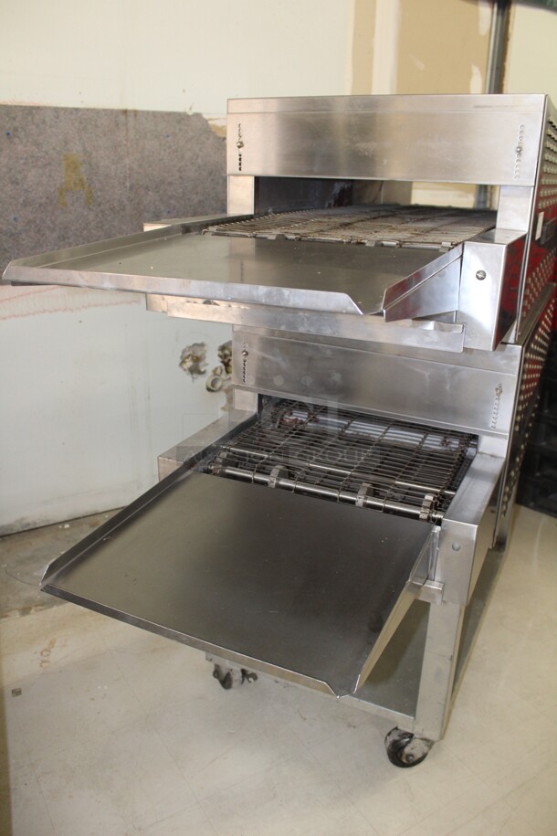 FANTASTIC! Bakers Pride Model AP018 Commercial Stainless Steel Electric Double Conveyor Pizza Oven On Equipment Stand With Commercial Casters. 79x30x59. 115/208V. 3 Phase. Working When Removed! 2X Your Bid! - Image 8 of 10