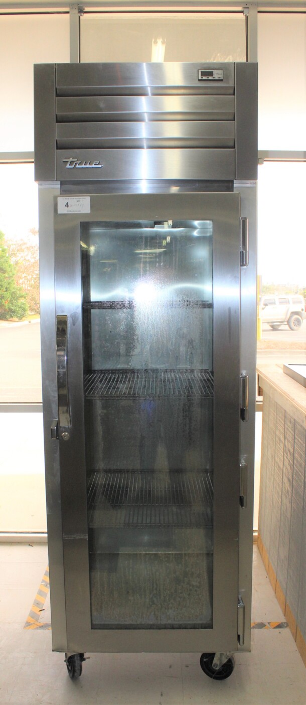 FABULOUS! True Model STF1R-1G Commercial Stainless Steel Single Glass Door Refrigerator/Cooler On Commercial Casters. 28x33x84. 115V/60Hz. Working When Removed!