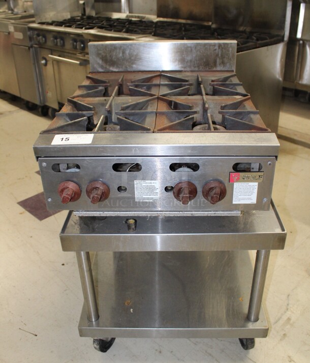AWESOME! Wolf Model AHP424-1 Commercial Stainless Steel 4 Burner Natural Gas Countertop Range On Equipment Stand On Commercial Casters. 26x30x40. Working When Removed!