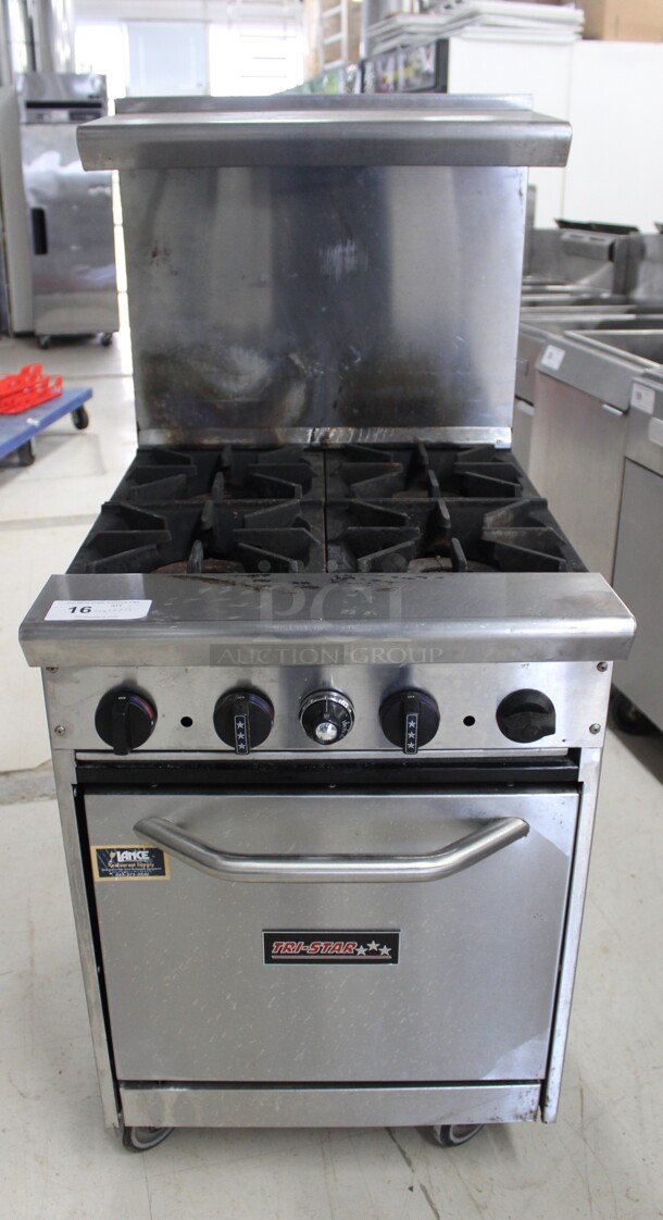 FABULOUS! Tri-Star Model TSR-4 Commercial Stainless Steel LP/Propane 4 Burner Range With Oven On Commercial Casters. 24x32x56. Working When Removed!