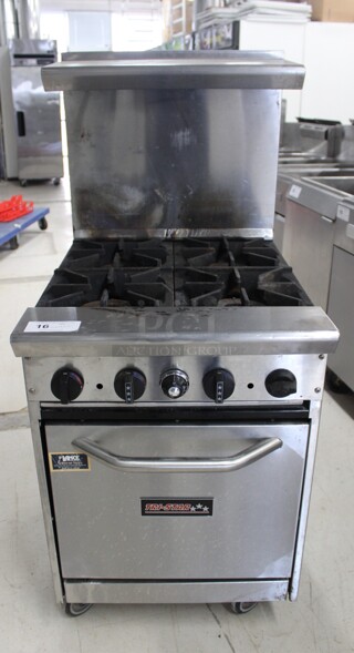 FABULOUS! Tri-Star Model TSR-4 Commercial Stainless Steel LP/Propane 4 Burner Range With Oven On Commercial Casters. 24x32x56. Working When Removed!