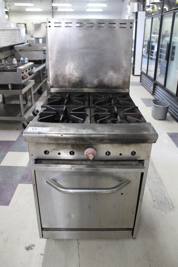 GREAT FIND! Commercial Stainless Steel Natural Gas 4 Burner Range With Oven On Commercial Casters. 24x32x56. Working When Removed! 