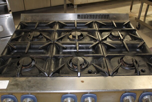 TERRIFIC! Electrolux Model ACFG36 Commercial Stainless Steel Natural Gas 6 Burner Range With Oven On Commercial Casters. 36x32.5x37. Working When Removed!  - Image 5 of 8