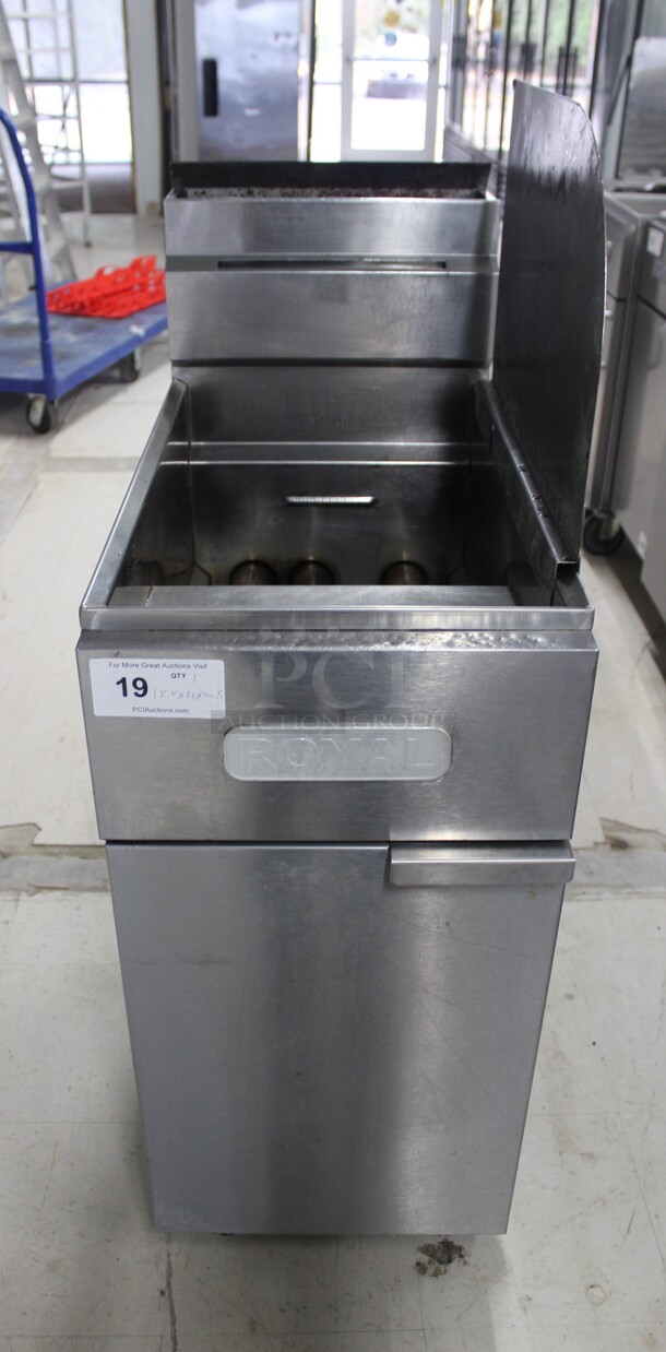 SUPER! Royal Commercial Stainless Steel Natural Gas  Floor Fryer On Commercial Casters With Sidesplash. 15.5x31x44.5. Working When Removed! 