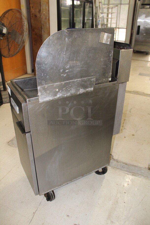 SUPER! Royal Commercial Stainless Steel Natural Gas  Floor Fryer On Commercial Casters With Sidesplash. 15.5x31x44.5. Working When Removed!  - Image 5 of 7