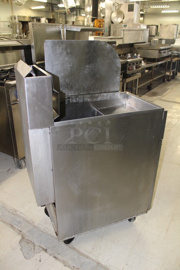 SUPER! Royal Commercial Stainless Steel Natural Gas  Floor Fryer On Commercial Casters With Sidesplash. 15.5x31x44.5. Working When Removed!  - Image 7 of 7
