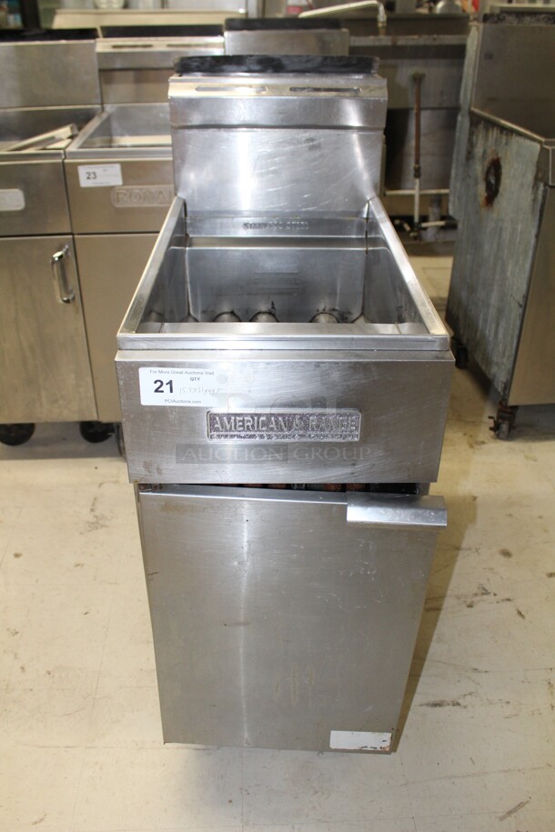 NICE! American Range Model AF 35/50 Commercial Stainless Steel Natural Gas 35-50Lb Floor Fryer On Commercial Casters. 15.5x31x44.5. Working When Removed! 