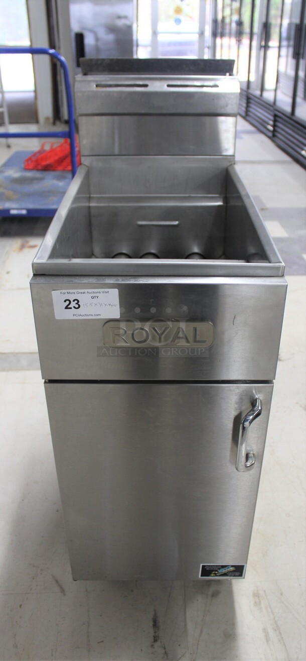 SUPER FIND! Royal Commercial Stainless Steel Natural Gas 35-50lb Floor Fryer On Commercial Casters. 15.5x31x44.5. Working When Removed!