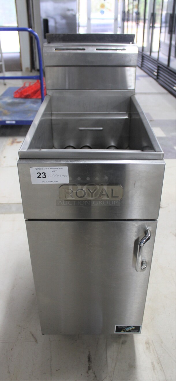 SUPER FIND! Royal Commercial Stainless Steel Natural Gas 35-50lb Floor Fryer On Commercial Casters. 15.5x31x44.5. Working When Removed! - Image 1 of 5