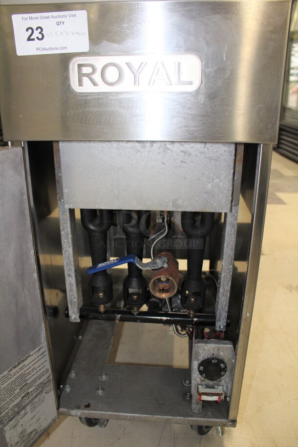 SUPER FIND! Royal Commercial Stainless Steel Natural Gas 35-50lb Floor Fryer On Commercial Casters. 15.5x31x44.5. Working When Removed! - Image 2 of 5