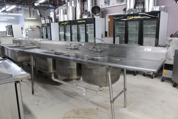 WOW! Eagle Commercial Stainless Steel Three Compartment Sink With Double Drainboards And Two Faucets. 120x29.5x43