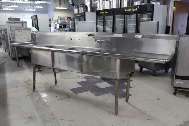 SUPER! Commercial Stainless Steel Three Compartment Sink With Double Drainboards And One Faucet. 120x30x49