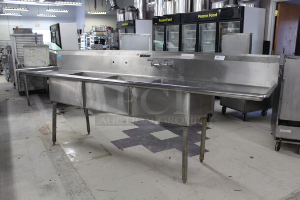 SUPER! Commercial Stainless Steel Three Compartment Sink With Double Drainboards And One Faucet. 120x30x49 - Image 1 of 8