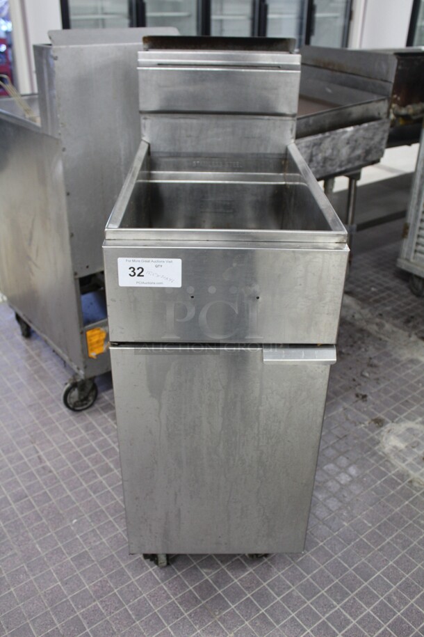 NICE! American Range Commercial Stainless Steel Natural Gas 35-50lb Floor Fryer On Commercial Casters. 15.5x30x46. Working When Removed!