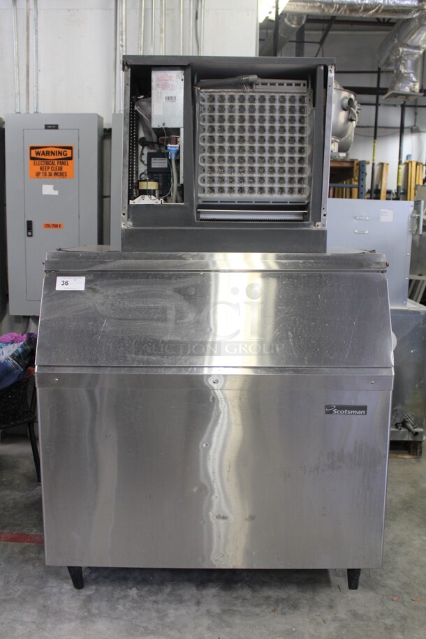 WOW! Scotsman Model CME1056AS-32F Commercial Stainless Steel Air Cooled Ice Maker With Ice Bin. 48x34x77. 208-230V. 60Hz. Working When Removed!