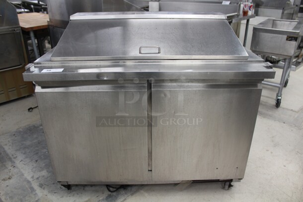 NICE! Entree Model S48-MT Commercial Stainless Steel Mega Top Sandwich/Salad Prep Cooler/Refrigerator On Commercial Casters. 48x32x43. 115V/60Hz. Working When Removed!