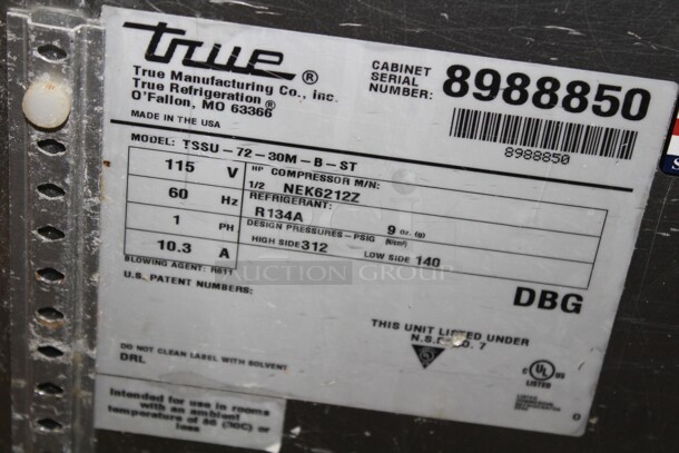 AWESOME! True Model TSSU-72-30M-B-ST Commercial Stainless Steel Mega Top Sandwich/Salad Prep Cooler/Refrigerator With Two Stainless Steel Shelves On Commercial Casters. 72x35x66. 115V/60Hz. Working When Pulled!  - Image 5 of 11