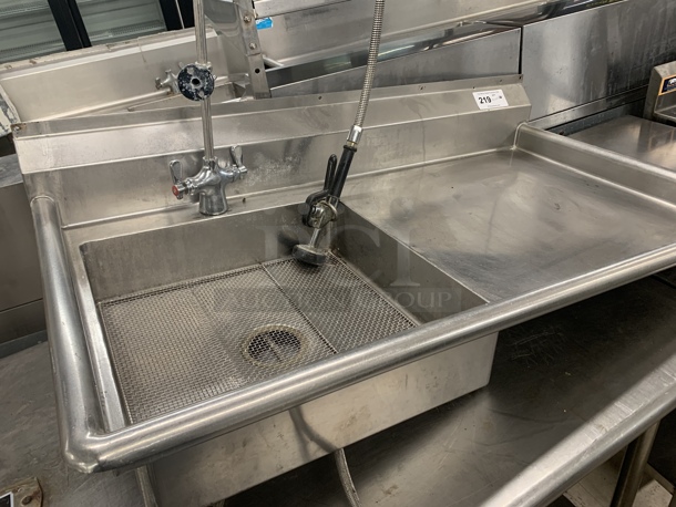 WOW! Commercial Stainless Steel Sink With Right Side Drainboard And Sprayer. No Legs. 48x27.5x16