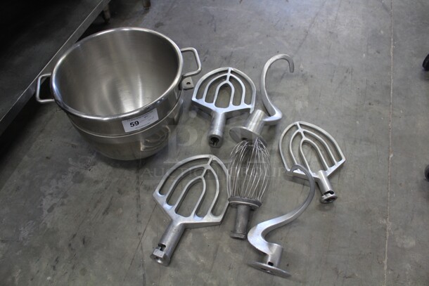 Commercial Stainless Steel 30qt Mixer Bowl With 2 Commercial Dough Hooks, Three Paddle Attachments And One Whisk Attachment. 7X Your Bid!  - Image 1 of 2