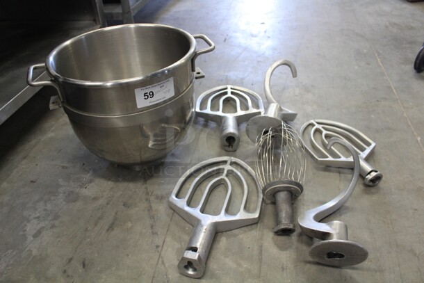 Commercial Stainless Steel 30qt Mixer Bowl With 2 Commercial Dough Hooks, Three Paddle Attachments And One Whisk Attachment. 7X Your Bid!  - Image 2 of 2
