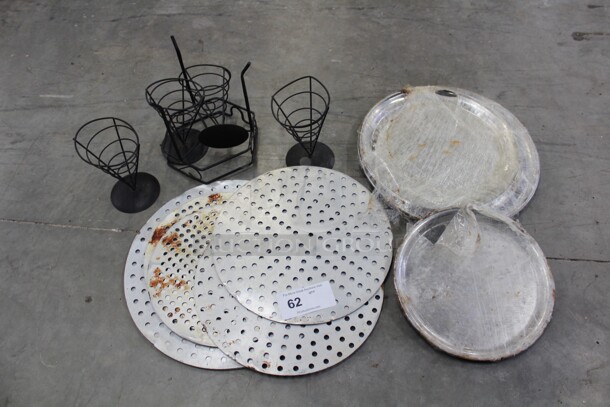 ALL ONE MONEY! Pizza Pans And Black Wire Condiment Servers. 