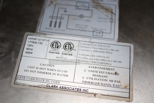 GREAT! Avantco Commercial 11qt. Kettle Warmer. 12x12x13. 120V/60Hz. Working When Removed! - Image 3 of 3