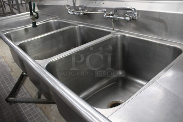 GREAT! Eagle Commercial Stainless Steel Three Compartment Sink With Faucet And Sprayer. 108x30x44  - Image 2 of 7