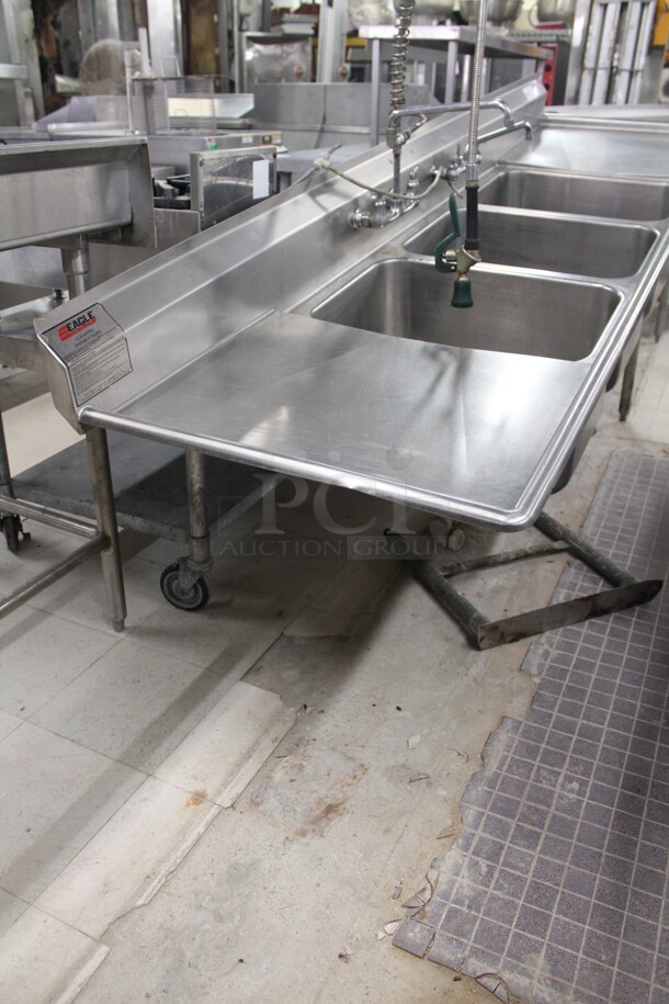 GREAT! Eagle Commercial Stainless Steel Three Compartment Sink With Faucet And Sprayer. 108x30x44  - Image 3 of 7